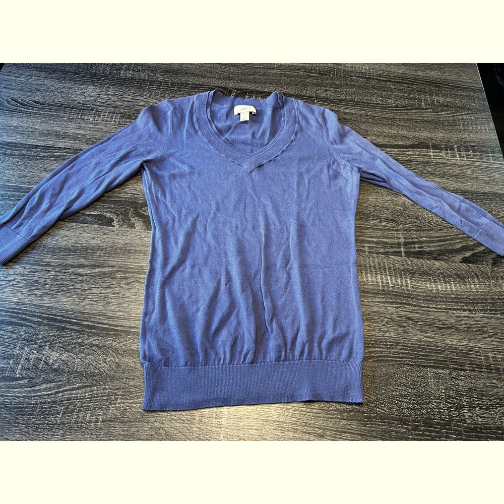Ann Taylor LOFT V-Neck Sweater Blue 3/4 Sleeve Knit Pullover Workwear Small